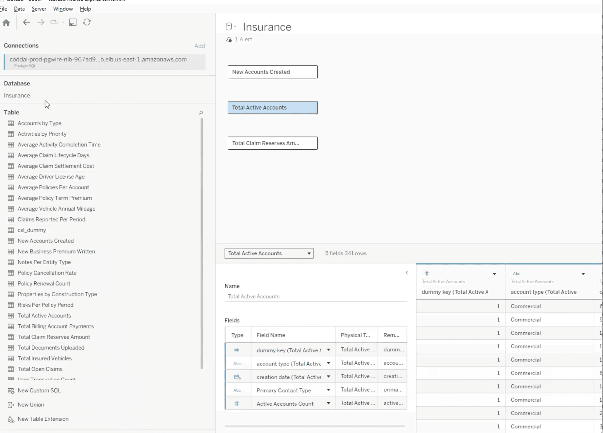 Tableau data source view showing CSL metrics as tables
