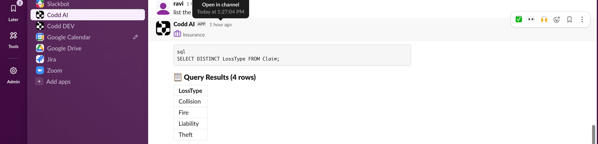 Slack conversation showing SQL query and query results table