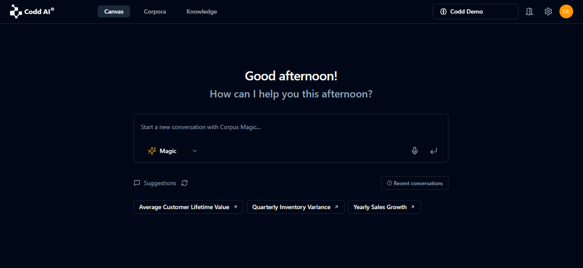 Codd AI Canvas interface showing data modeling in dark theme