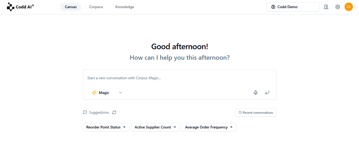 Codd AI Canvas interface showing data modeling in light theme