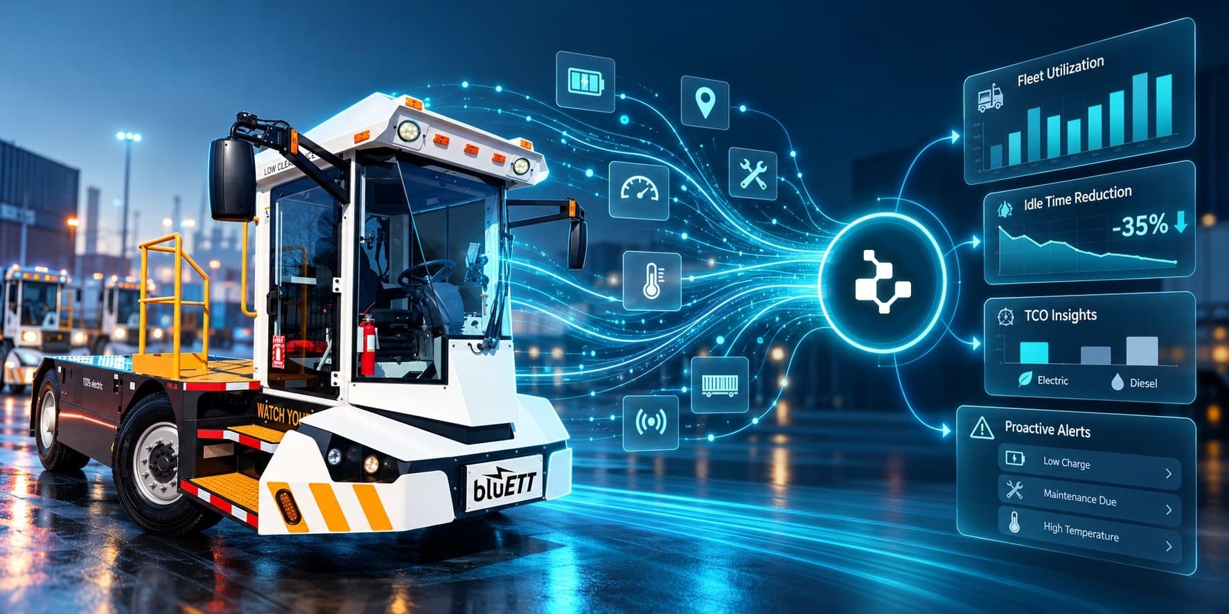 BluETT electric terminal truck telemetry flowing into Codd AI-powered fleet analytics